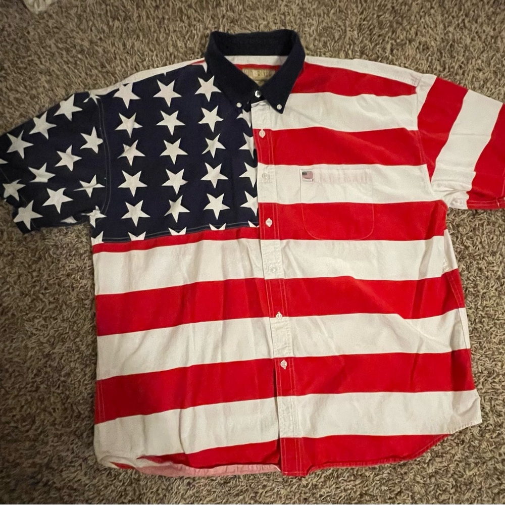 Sun River Texas Mens Shirt Red White Blue Stars Stripes short sleeve shirt